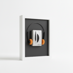 Walkman argent + écouteurs mousse orange (25X25 cm)